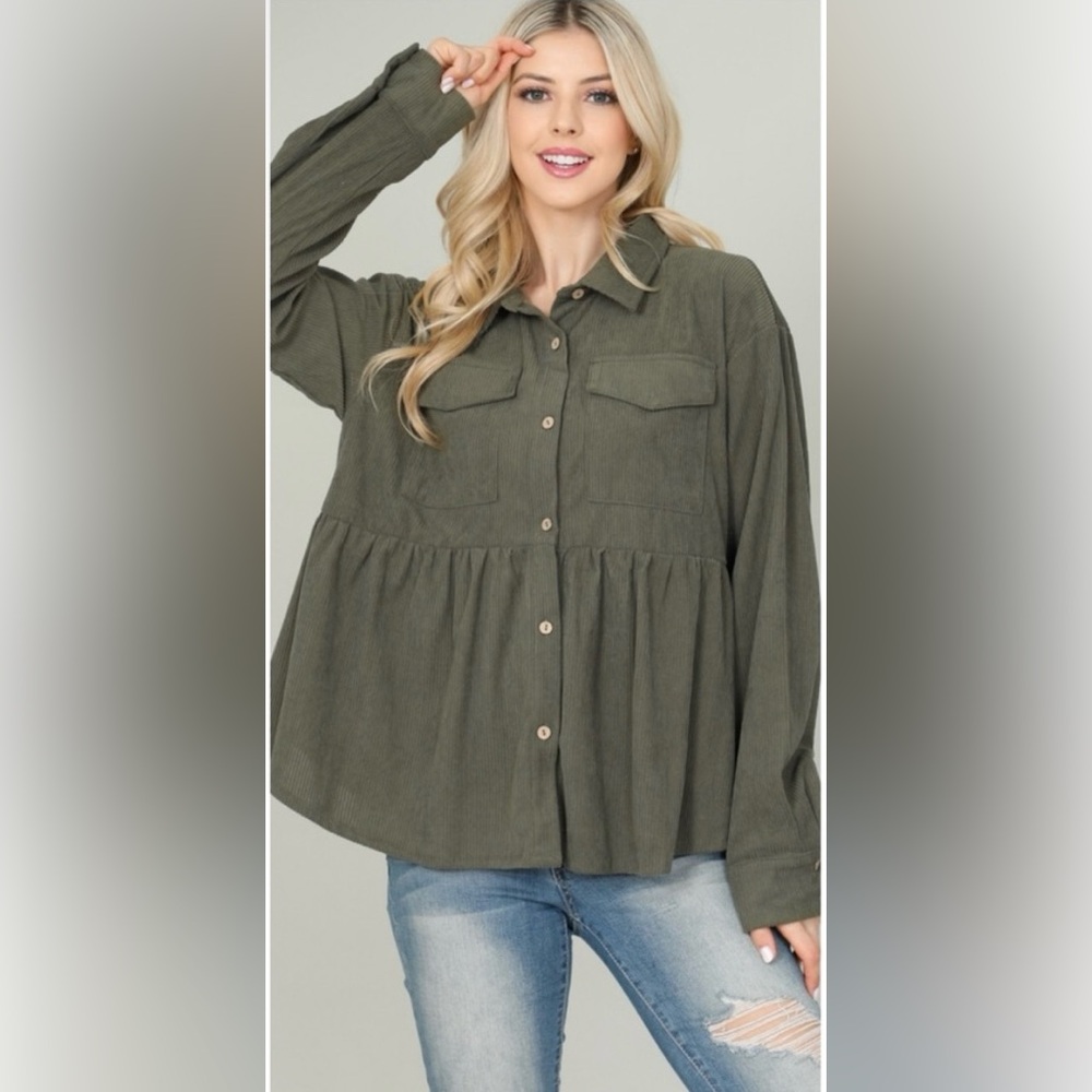 Olive green corduroy button up ruffle top size medium NWT